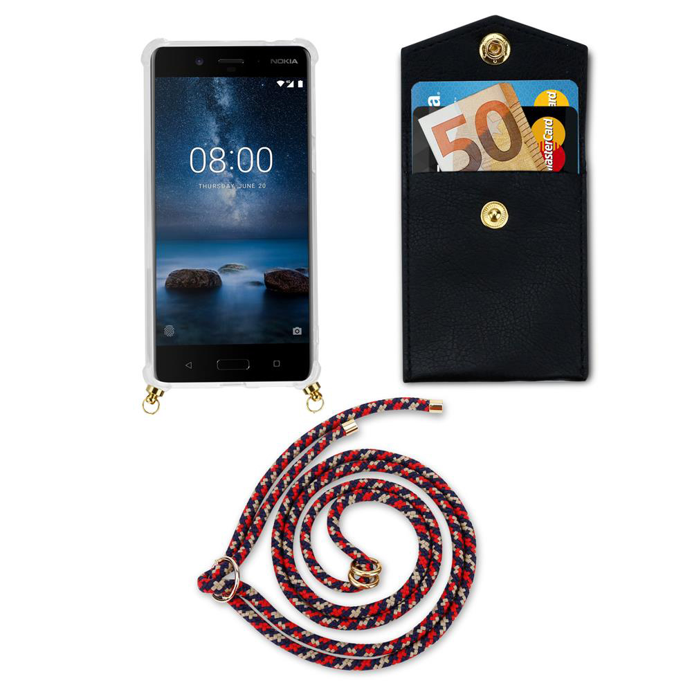 Ein Smartphone mit einer schwarzen Brieftasche und einer Schnur.