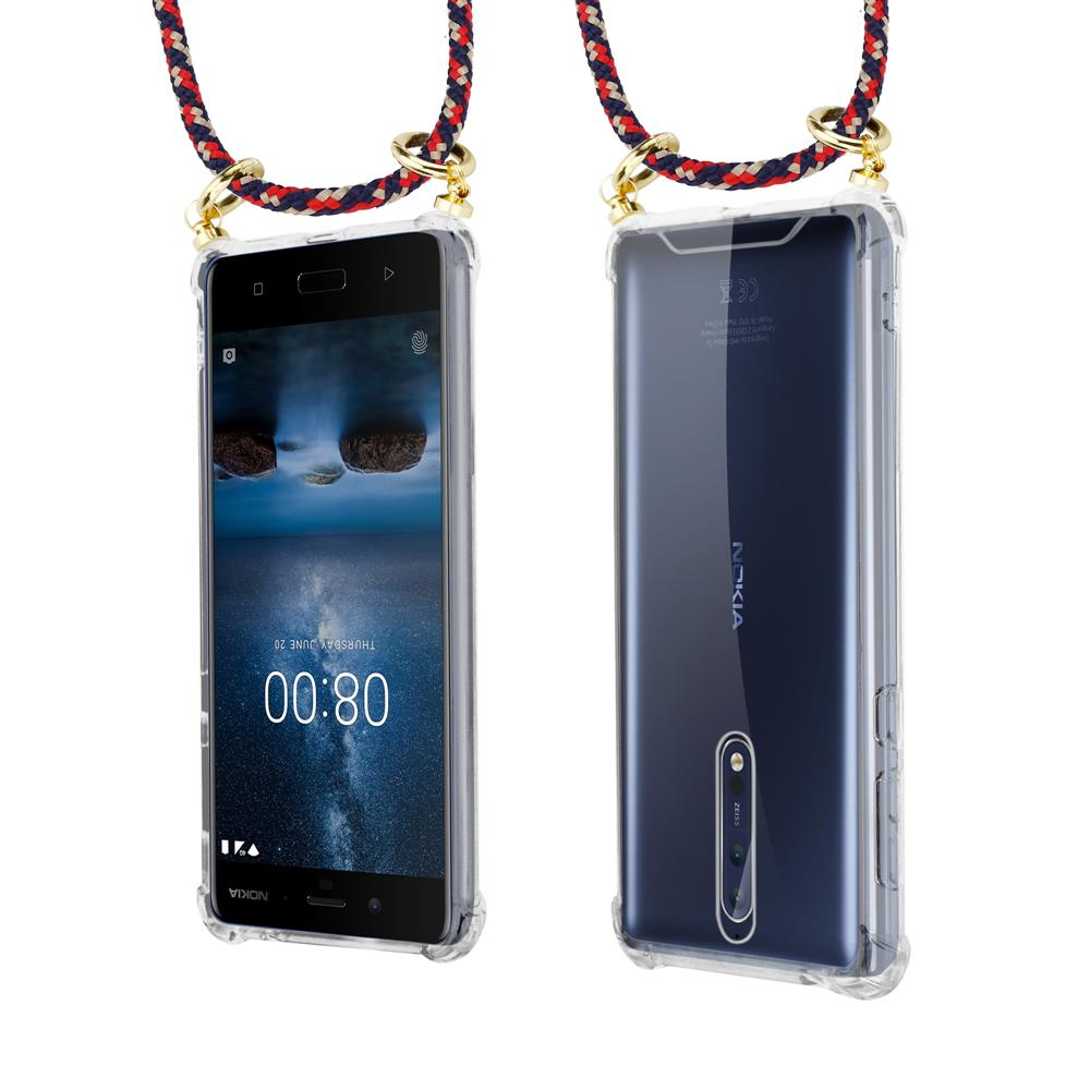 Ein Smartphone mit transparentem Gehäuse und einem Lanyard, Vorder- und Rückseite.
