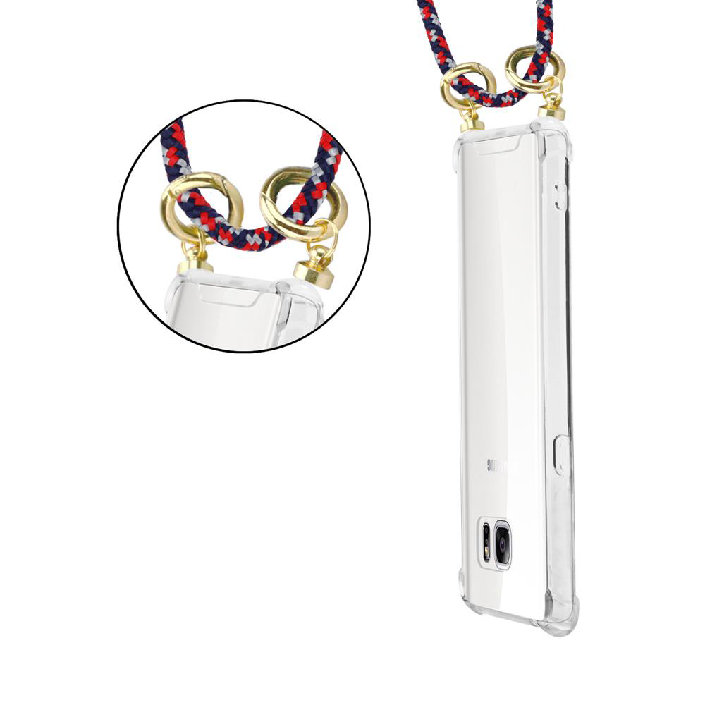 Custodia trasparente per telefono con corda colorata e hardware dorato.