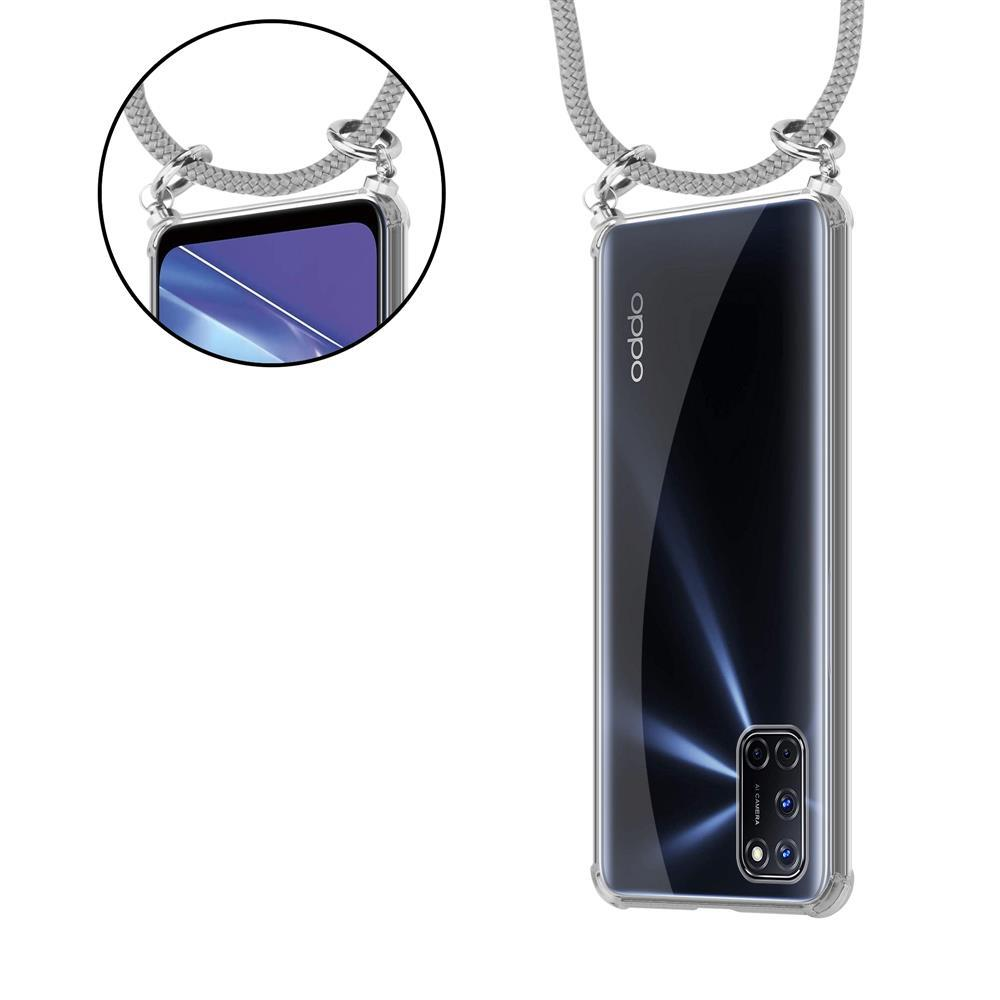 Schwarzes Smartphone mit Kamerasystem, mit einem Halsband befestigt.