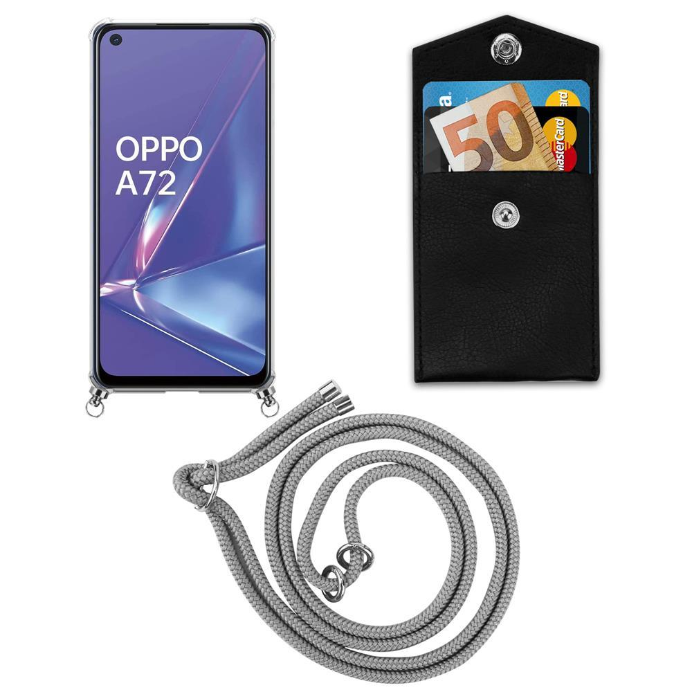 Ein OPPO A72 Smartphone, eine schwarze Tasche mit 50-Euro-Schein und Karte, und eine graue Kordel.