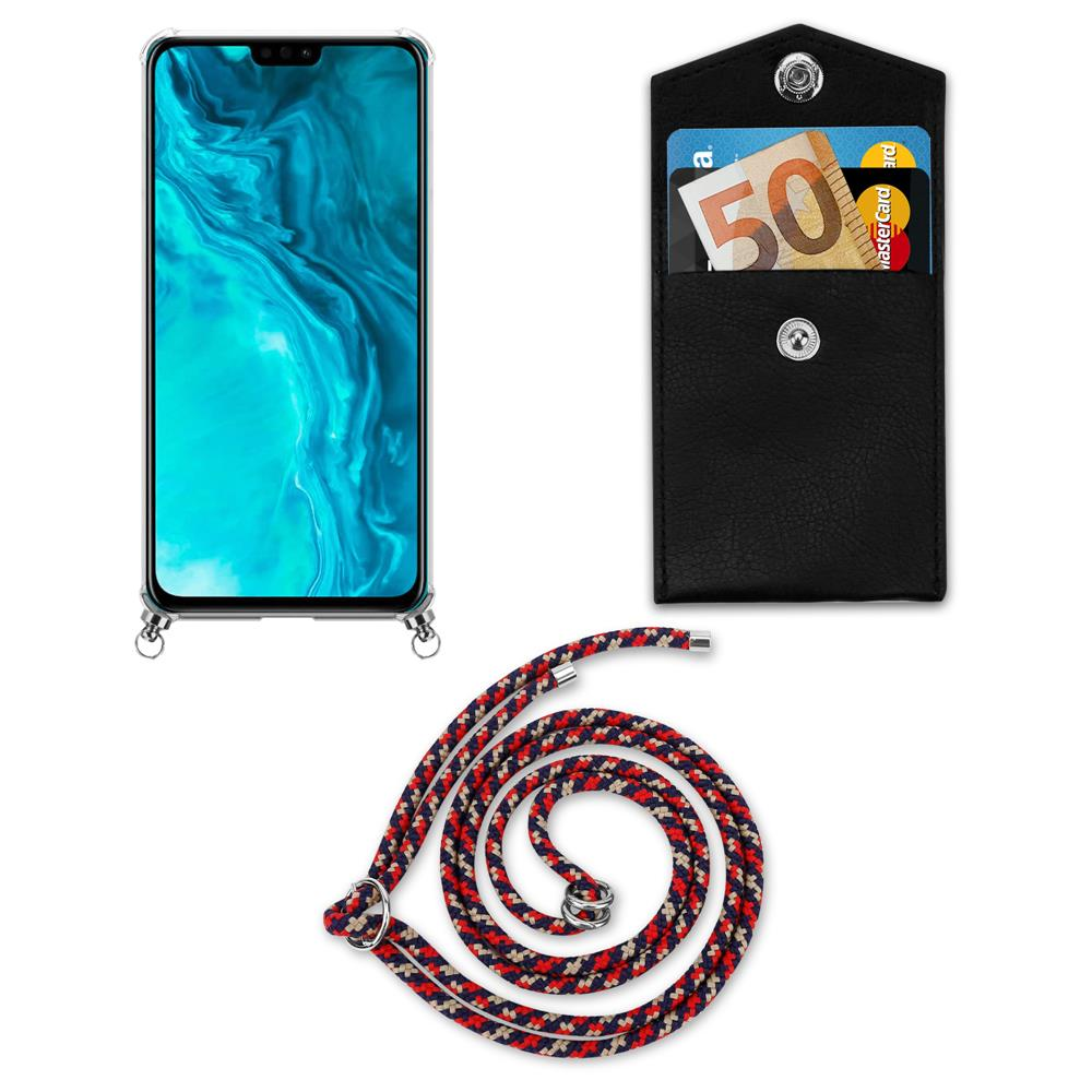 Smartphone con custodia, portafoglio con banconota da 50 euro e carte, e cordino.