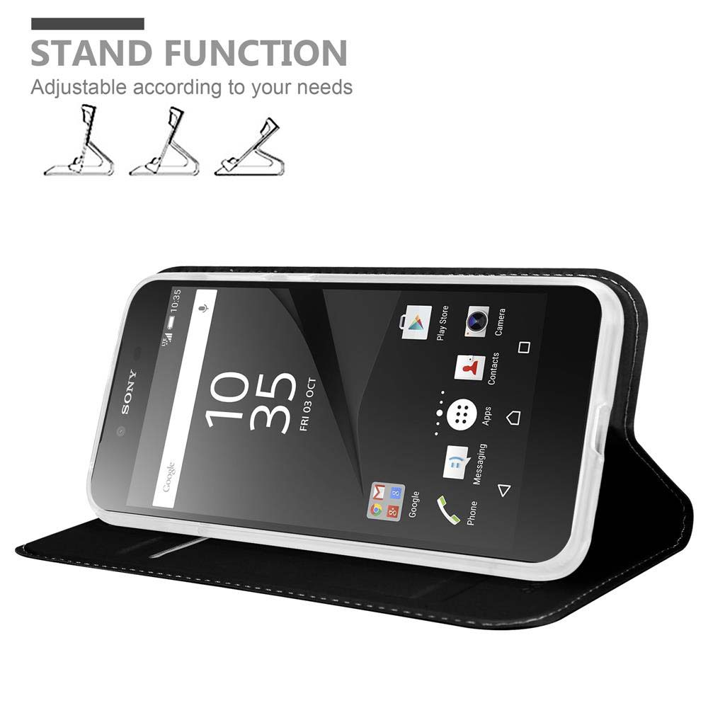 Uno smartphone Sony in una custodia nera in modalità stand, che mostra la funzione stand.