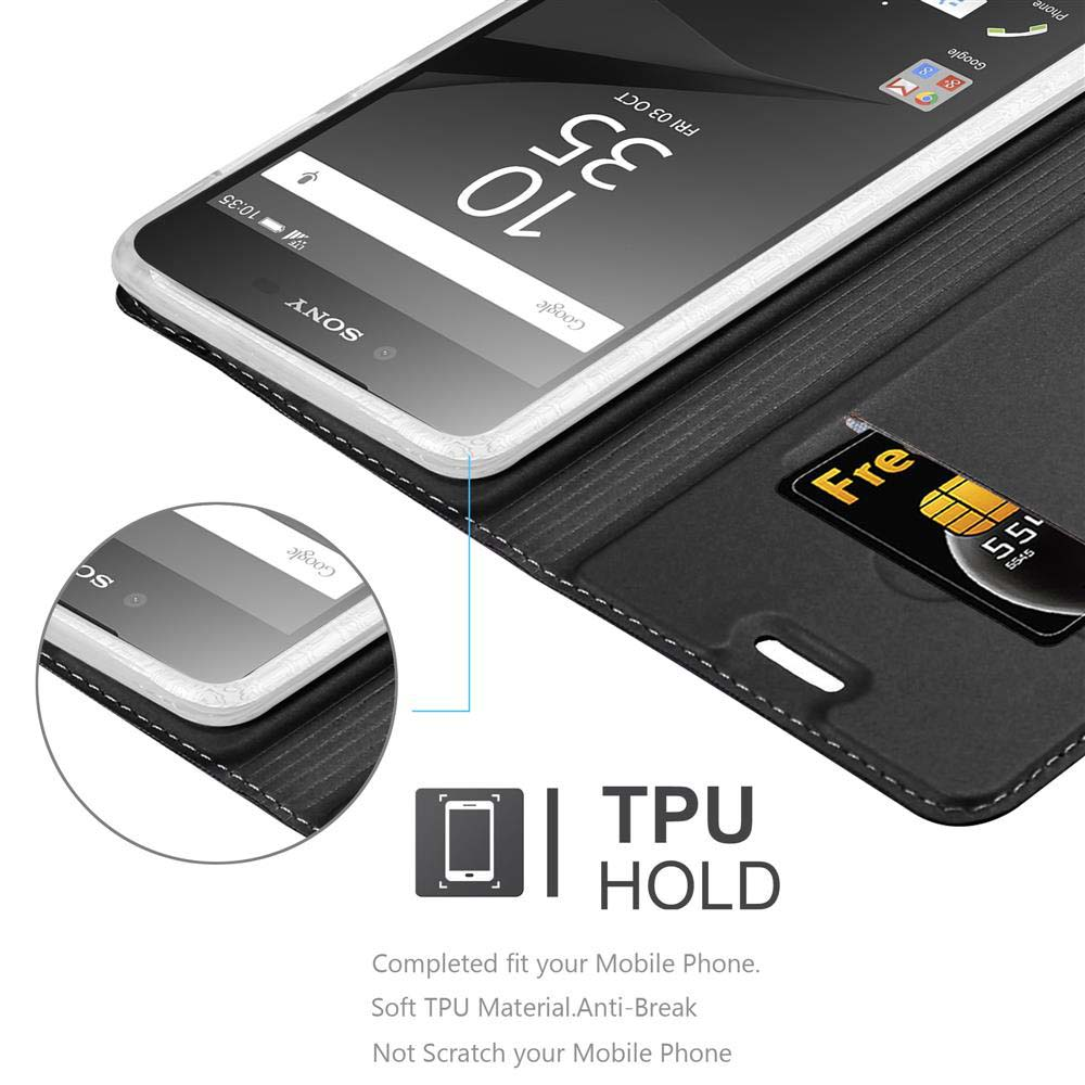 Uno smartphone Sony in una custodia TPU nera, con ora e data sullo schermo.
