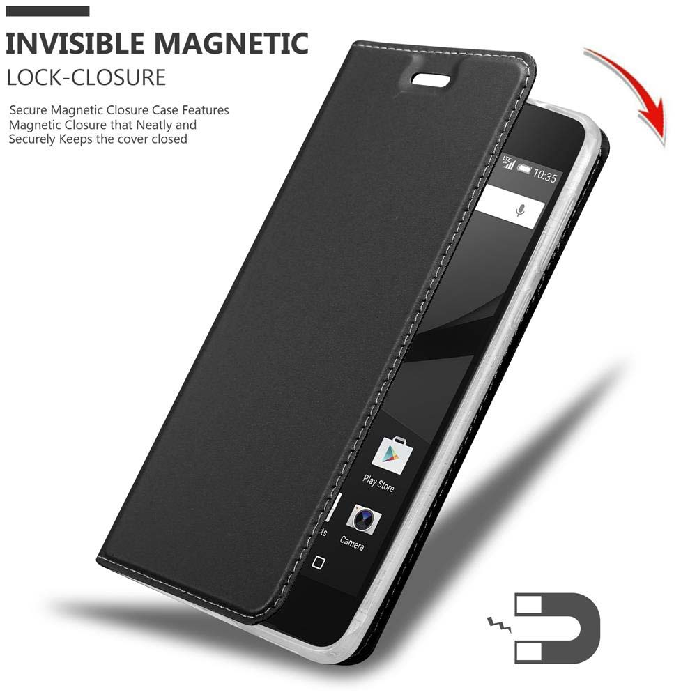 Custodia nera con chiusura magnetica aperta, rivela schermo e icone del telefono.