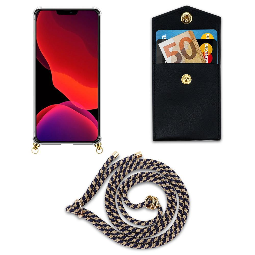 Uno smartphone in custodia, un portafoglio nero con carte e soldi, e un cordino.