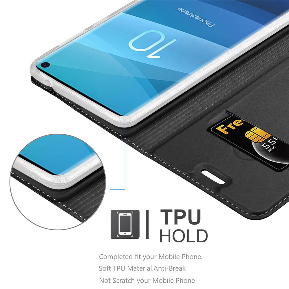 Ein schwarzes Handycover mit einem Smartphone und SIM-Karte.