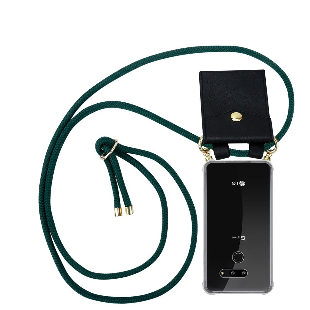 Ein schwarzes LG-Smartphone mit klarer Hülle ist an einer dunkelgrünen Lanyard befestigt.