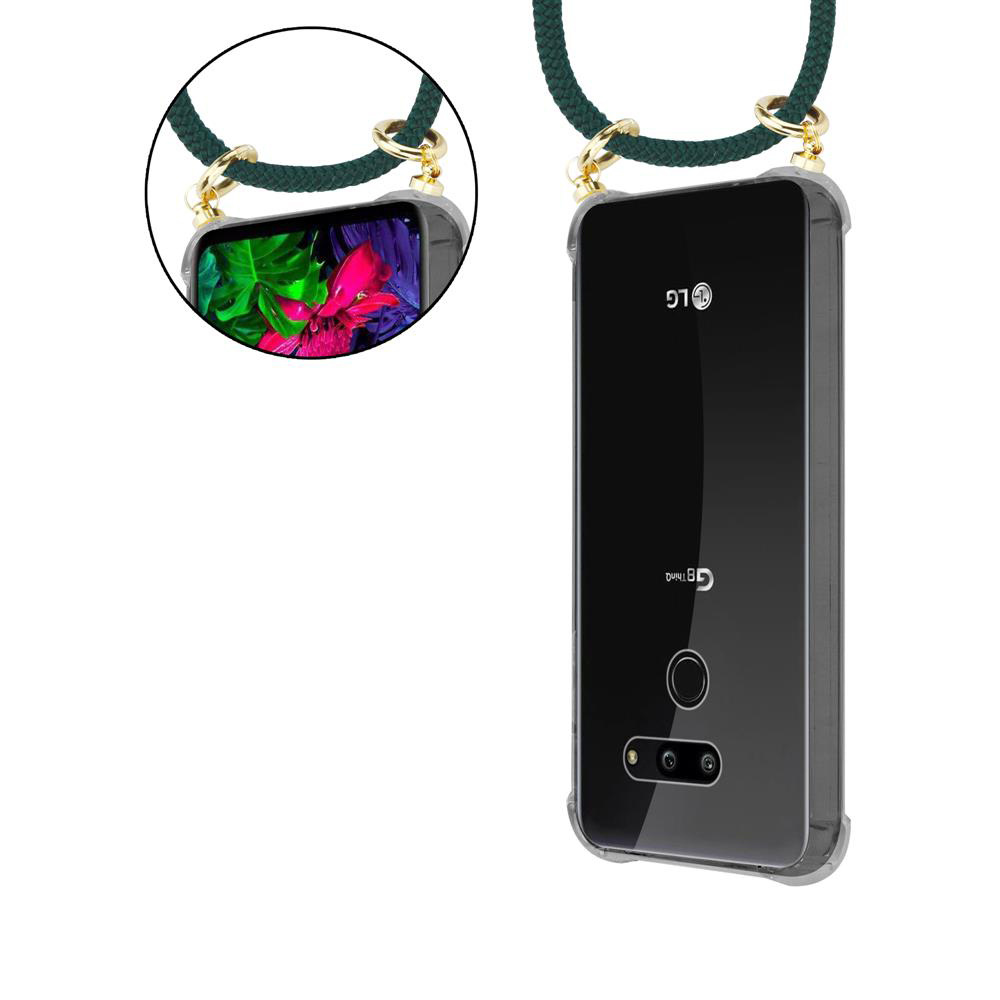 Ein schwarzes LG-Smartphone mit Farbdisplay und Trageschlaufe, auf weißem Grund.