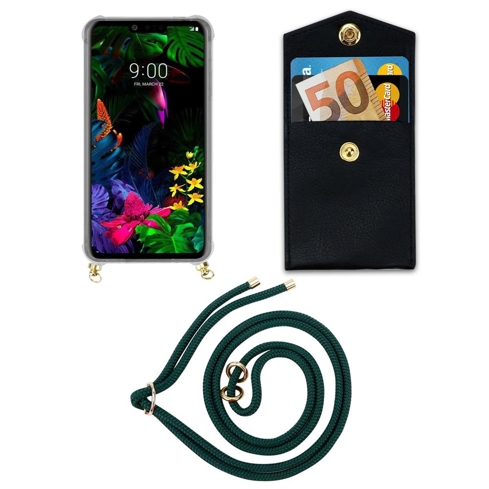 Ein Smartphone mit einer Hülle, einer Brieftasche mit Geld und Karten und einer Schnur.