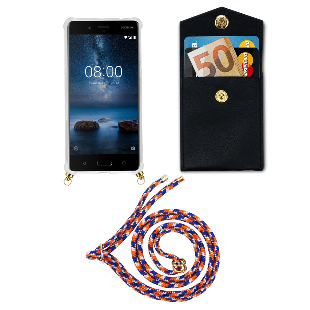Ein Nokia-Smartphone mit Hülle, schwarzes Etui mit Karten und Geld, und eine Schnur.