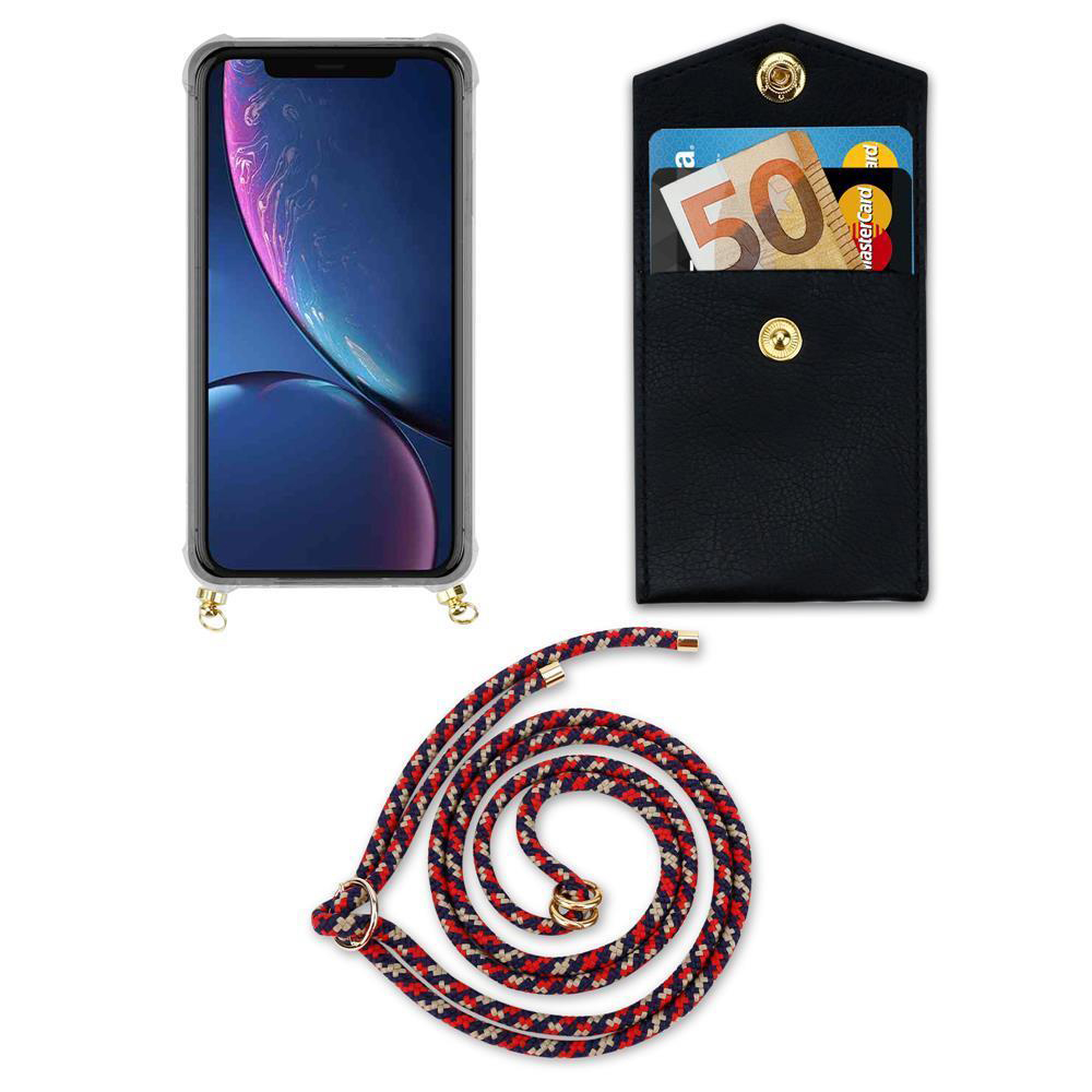 Uno smartphone in una custodia con cordino, accanto una tasca nera con soldi e carte.