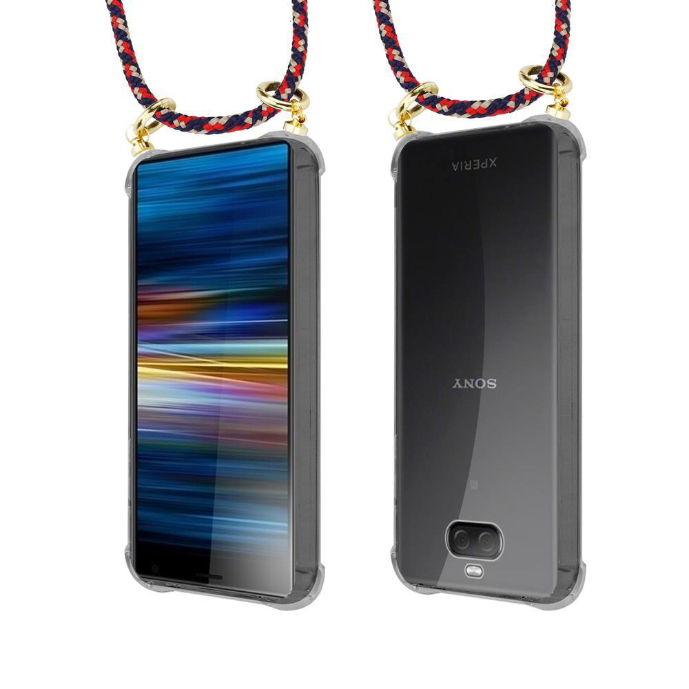 Ein Smartphone mit einem bunten Bildschirm und einer schwarzen Rückseite, beide an Schnüren.