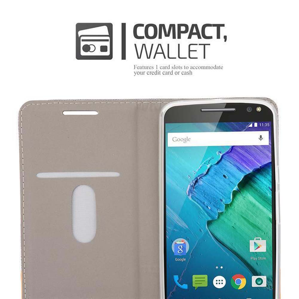 Uno smartphone in una custodia a portafoglio con slot per carte e testo.