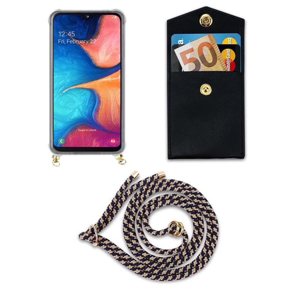 Uno smartphone, un portafoglio nero con soldi e carte, e un laccetto.