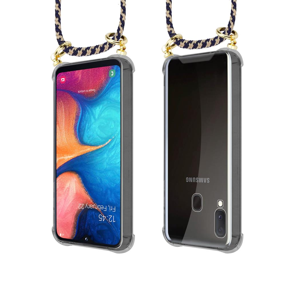 Uno smartphone con cordino, vista frontale e posteriore.