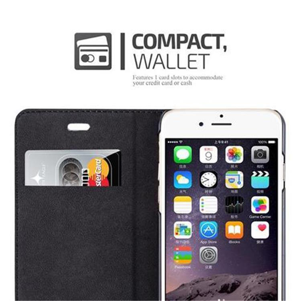 Una custodia a portafoglio nera contiene una carta di credito e un iPhone con app.