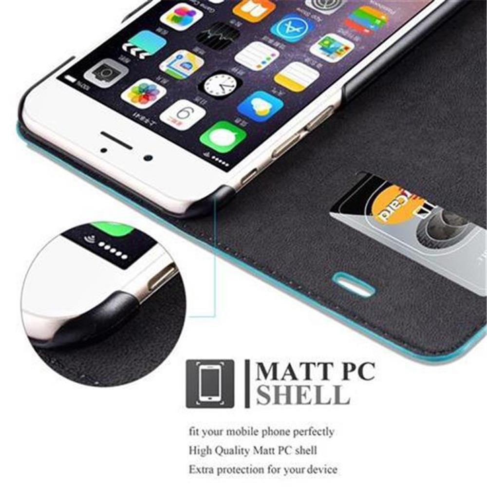 Uno smartphone in una custodia nera con slot per carte, che mostra la schermata principale.