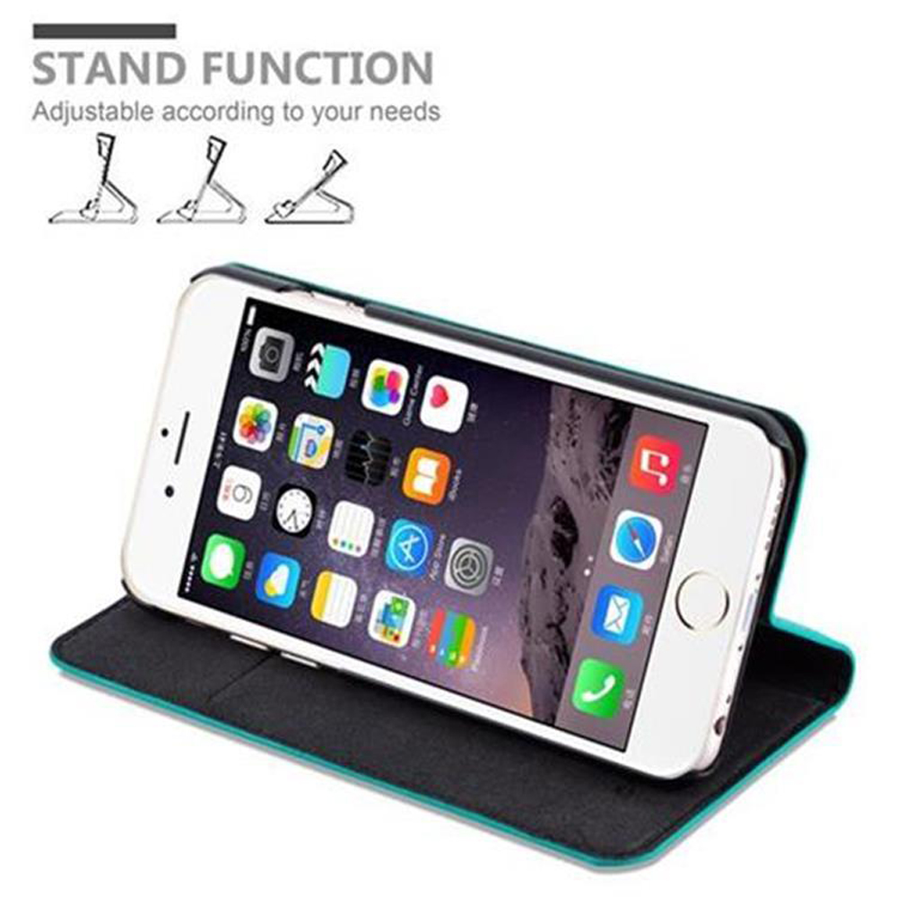iPhone bianco in custodia flip turchese e nera, mostra funzione stand.