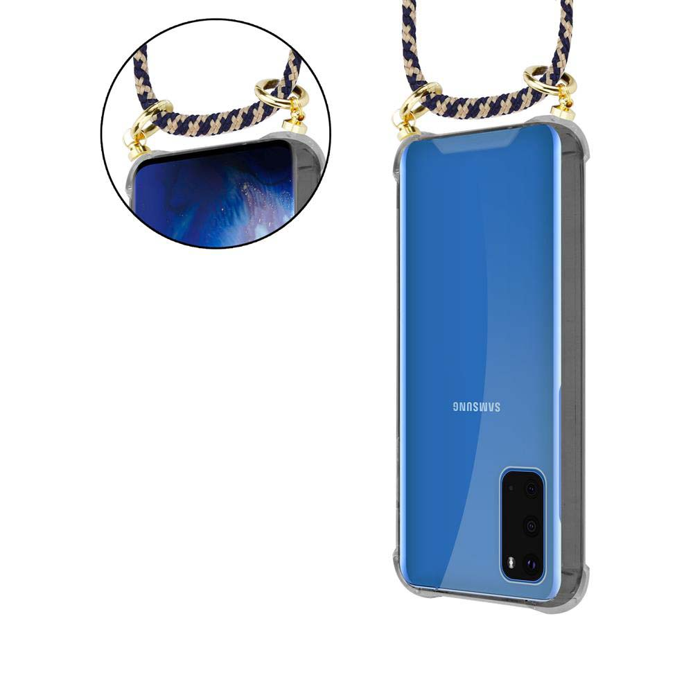 Un telefono Samsung in una custodia trasparente con cinturino intrecciato.