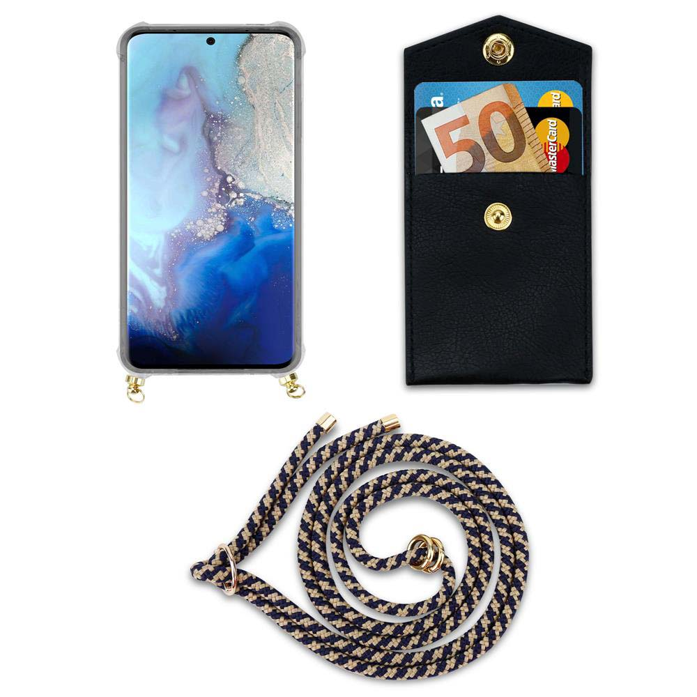 Smartphone con custodia, portafoglio nero con banconota da 50€ e carte, cordone