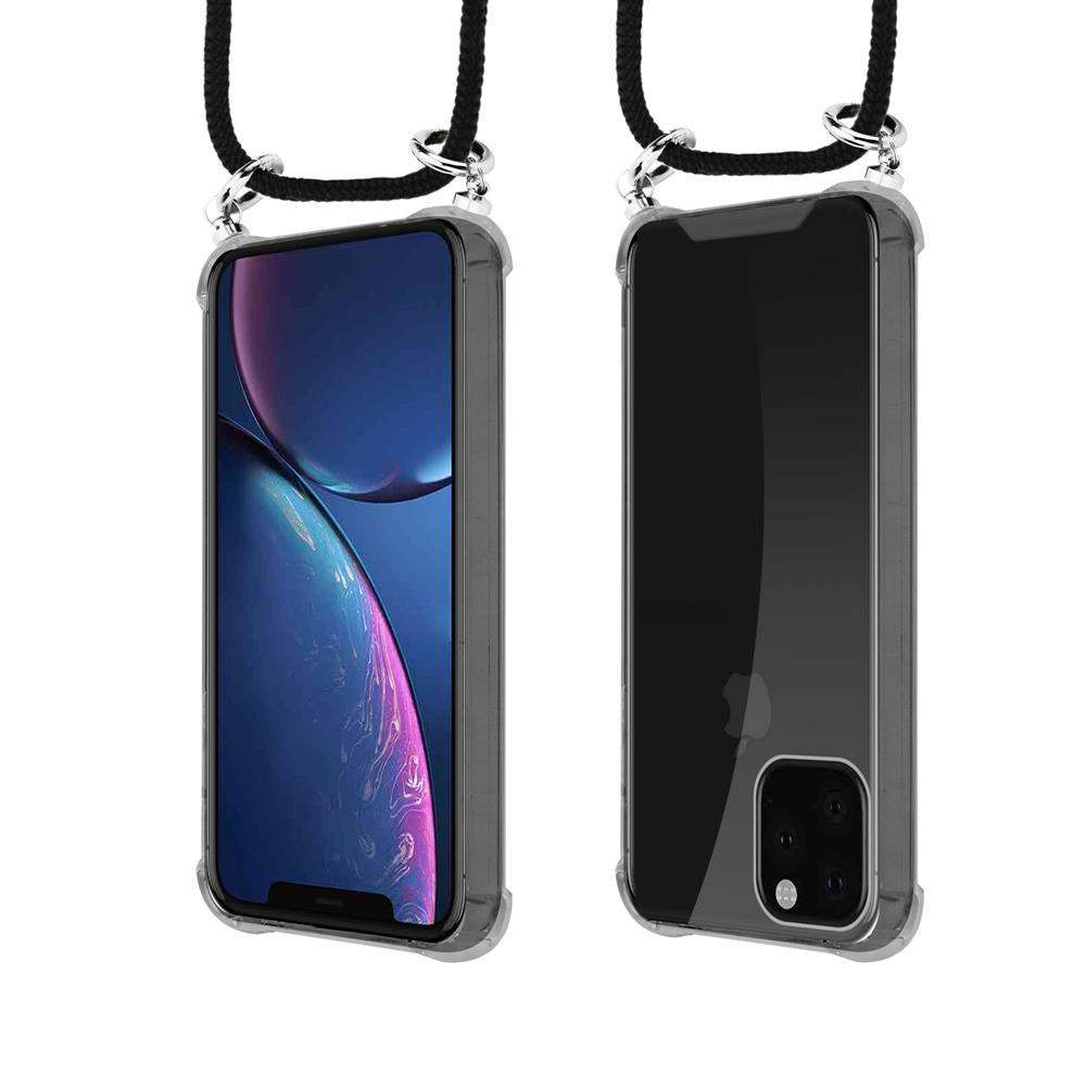 Due iPhone in custodie trasparenti con cordini neri, sfondo bianco.