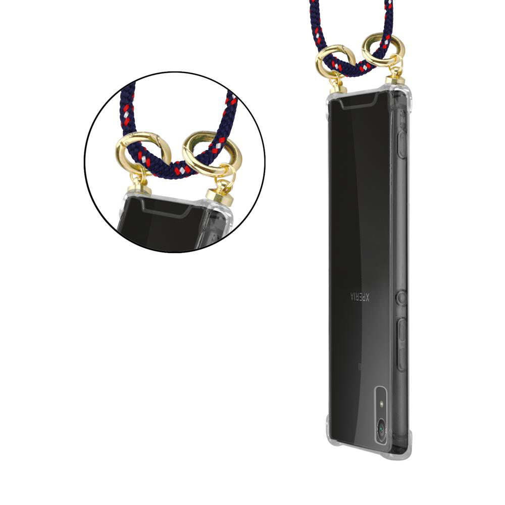 Ein Smartphone in einer Hülle mit Lanyard, weißer Hintergrund.
