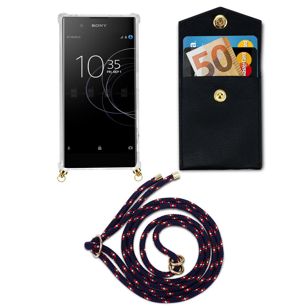 Sony Smartphone mit einer schwarzen Kartenhülle und einem Lanyard.