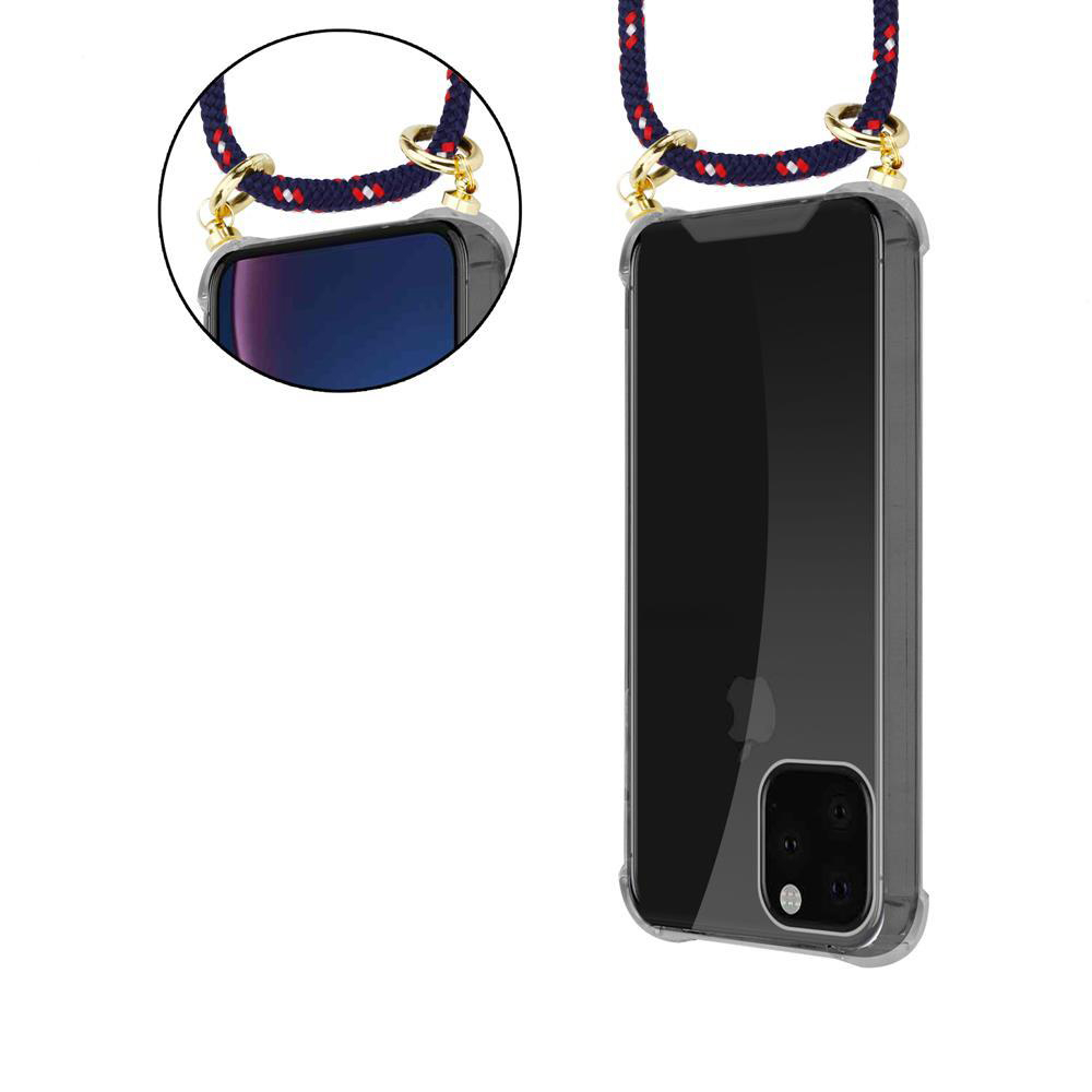 Custodia trasparente per telefono con cordino blu e rosso e ferramenta dorata.