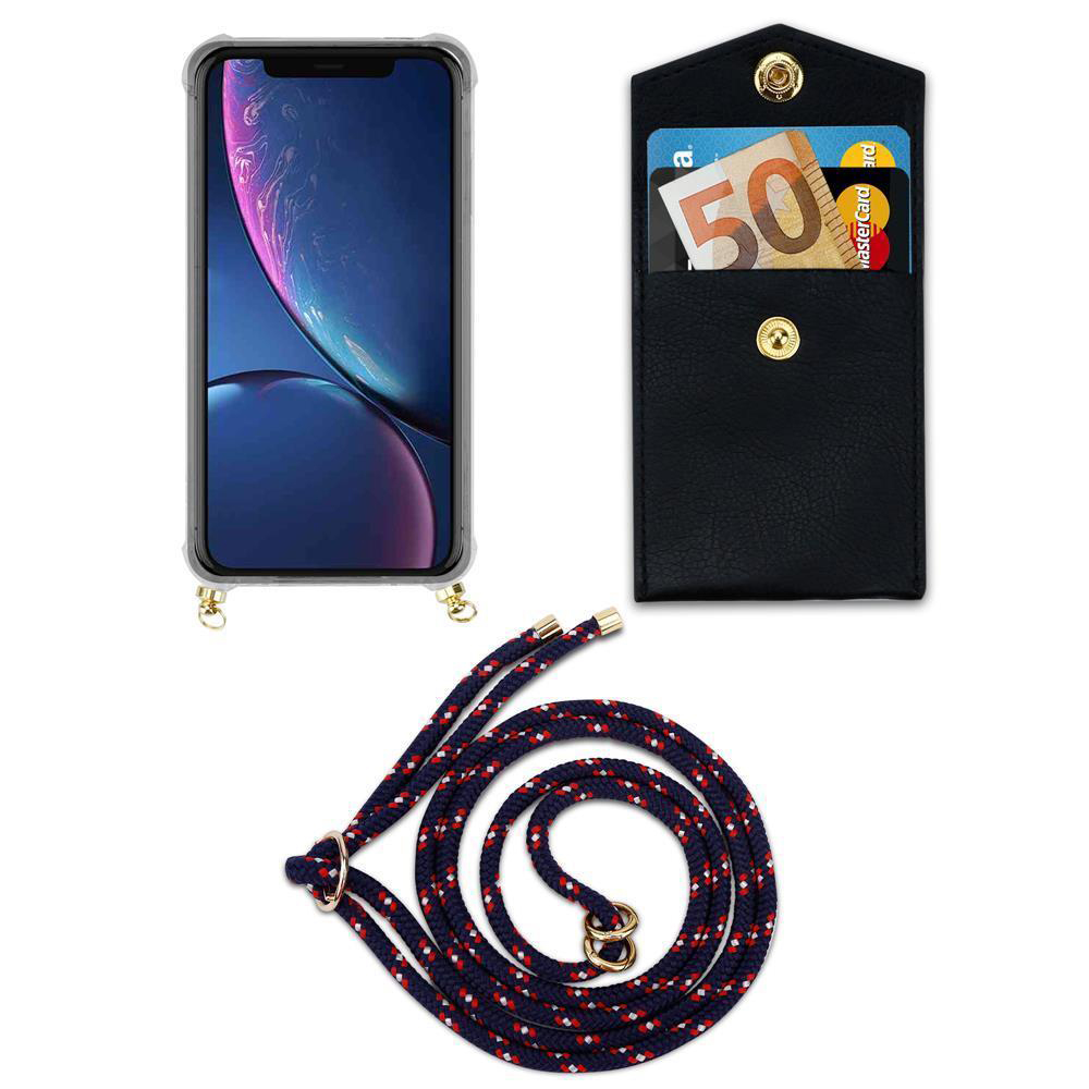 Uno smartphone in custodia, portafoglio nero con soldi e carte, e cordino intrecciato.