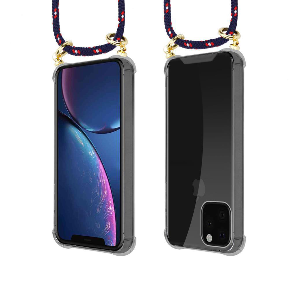 Due smartphone in custodie trasparenti con cordini, vista frontale e posteriore.