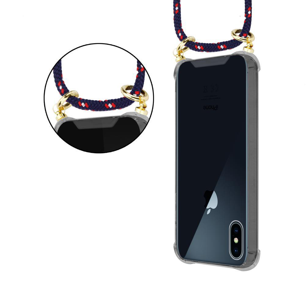 Un iPhone trasparente con un laccio di corda blu e rosso al collo.