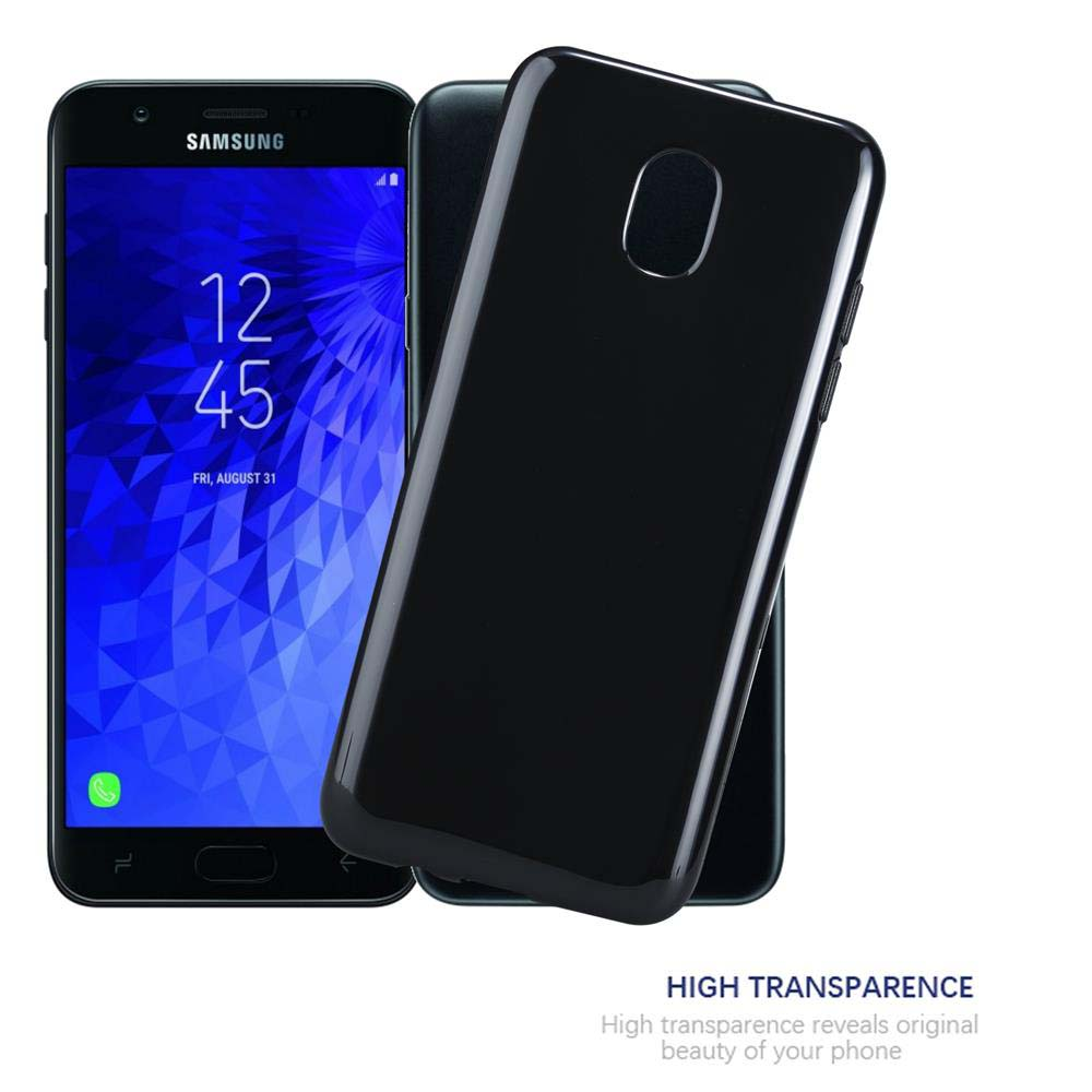 Ein schwarzes Samsung-Handy mit einem transparenten Schutzhülle daneben.