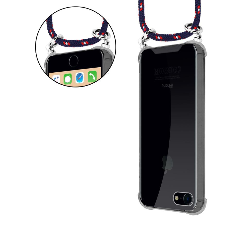Un iPhone in una custodia trasparente con un laccetto blu e rosso.
