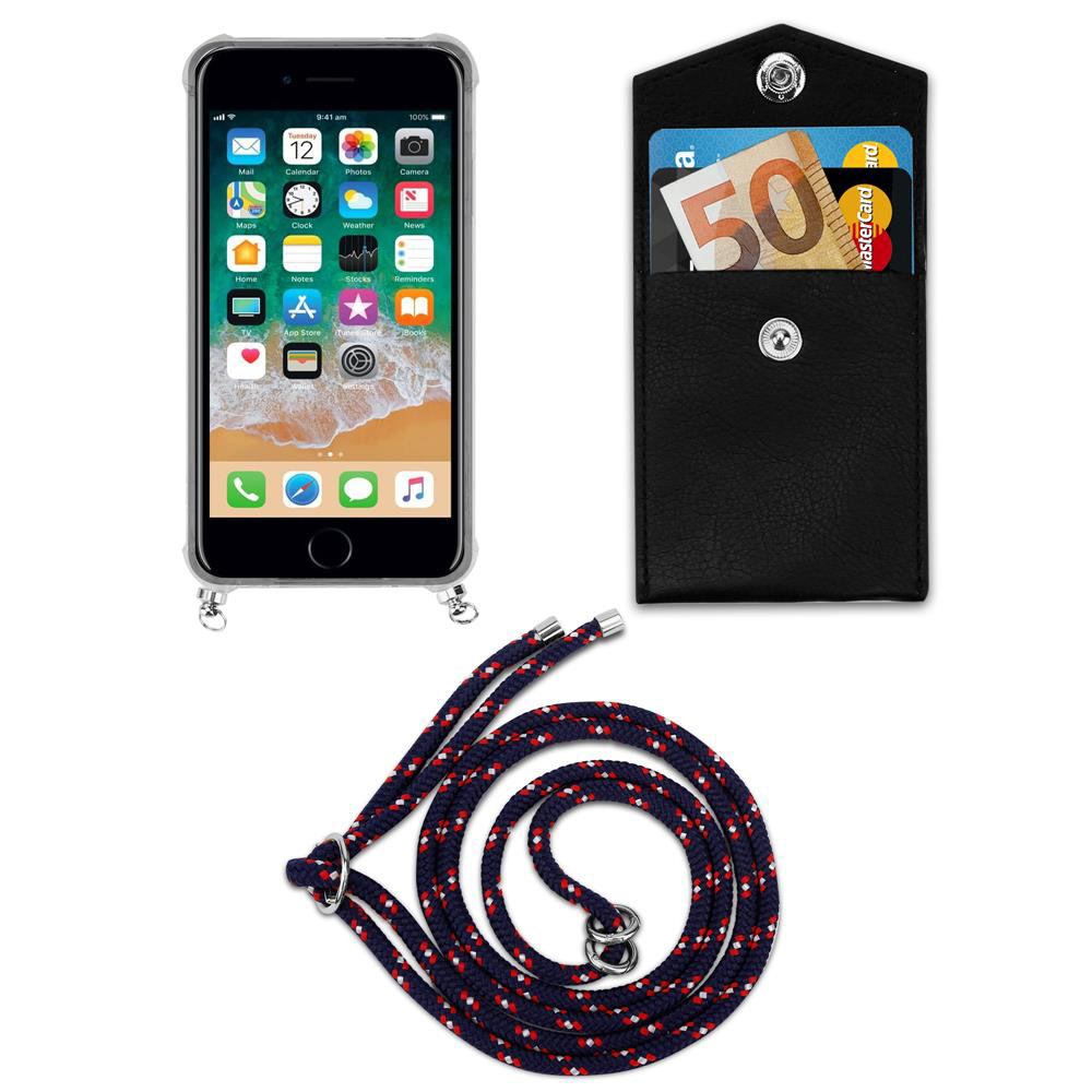 Smartphone con custodia, tasca nera con soldi e carte, cordino.