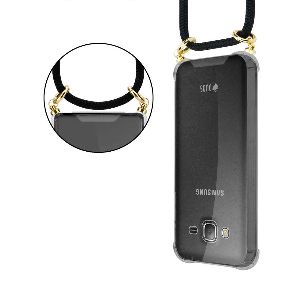 Telefono Samsung Duos nero con cordino e custodia in silicone.