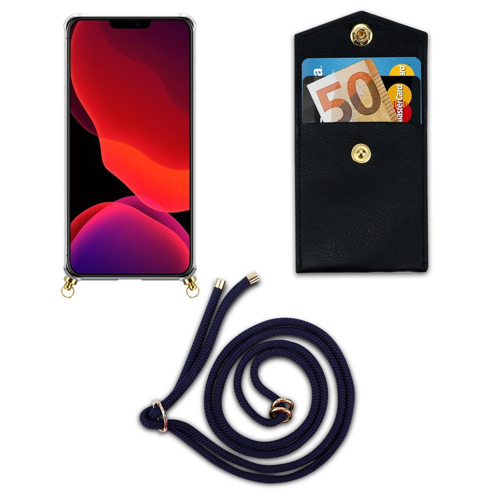 Uno smartphone in custodia, una tasca nera con carte e denaro, e un cordone blu scuro.