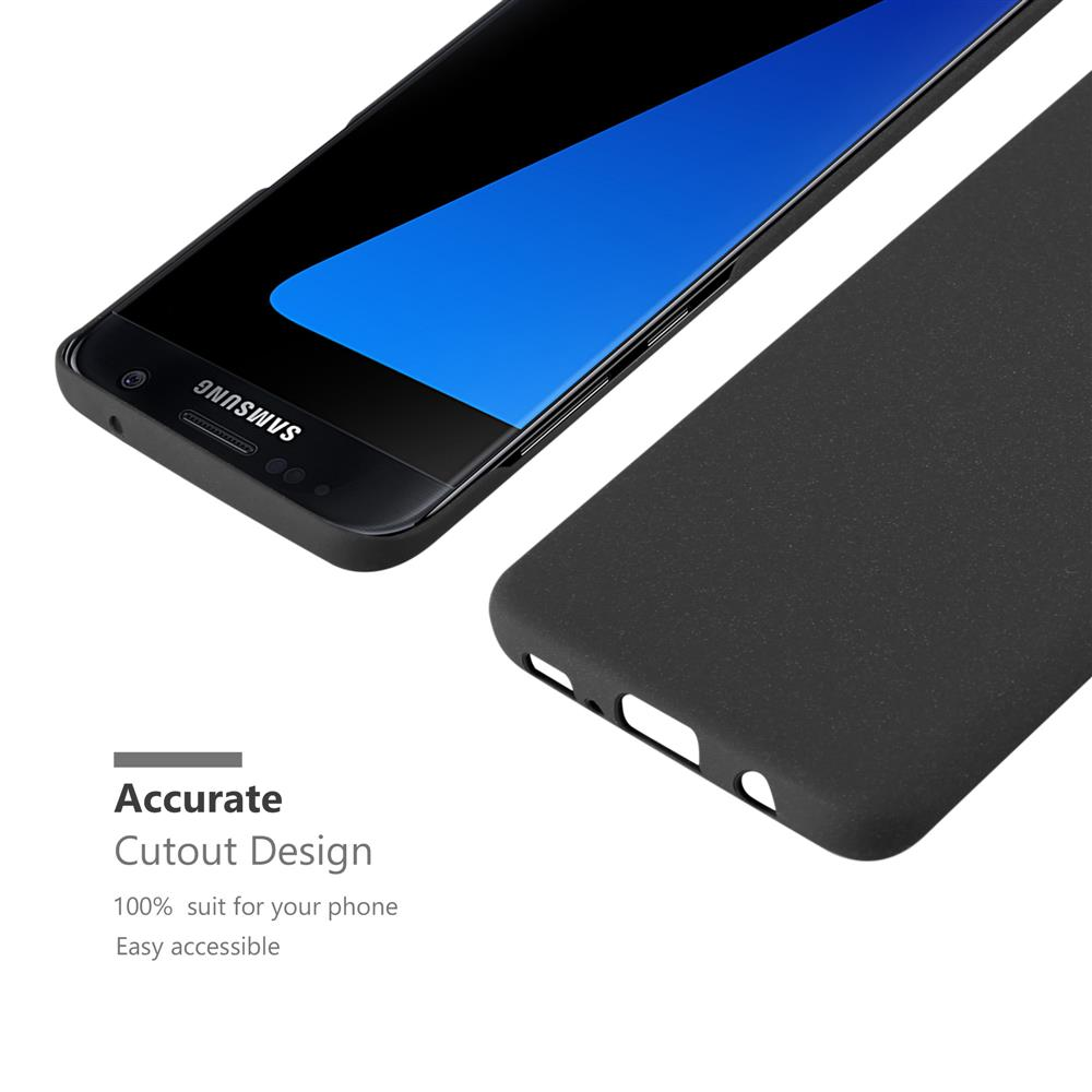 Funda negra para teléfono junto a un smartphone Samsung con pantalla azul.