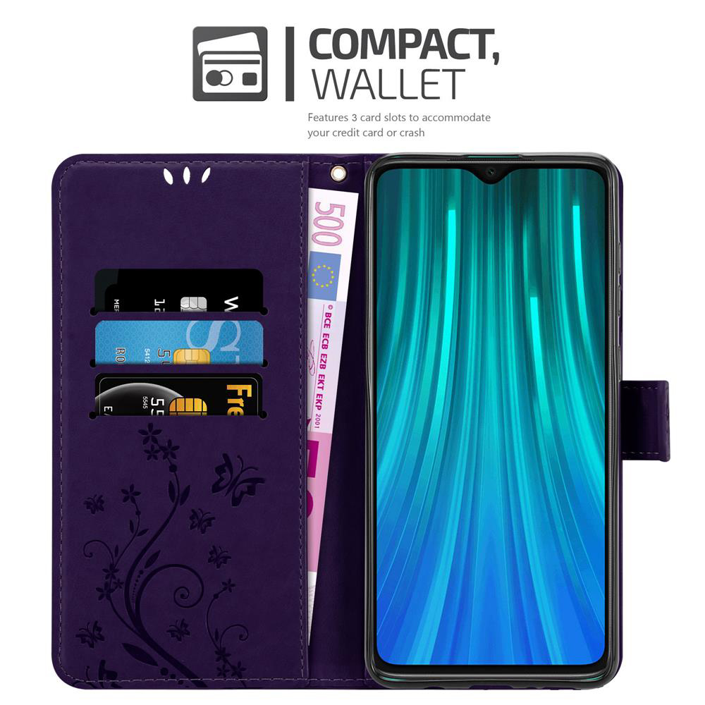 Portafoglio viola con telefono, banconote e carte. Include testo.
