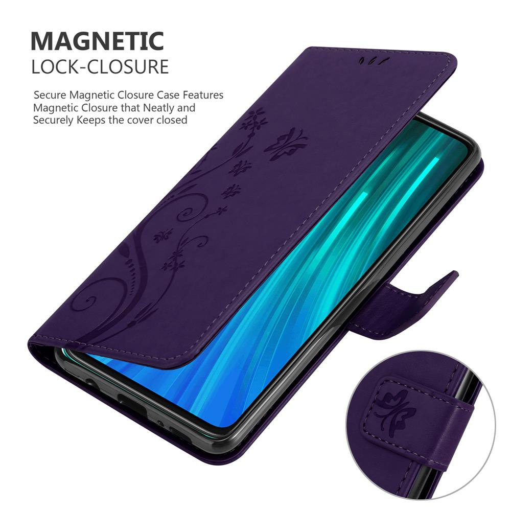 Custodia viola per telefono con motivo floreale e chiusura magnetica.