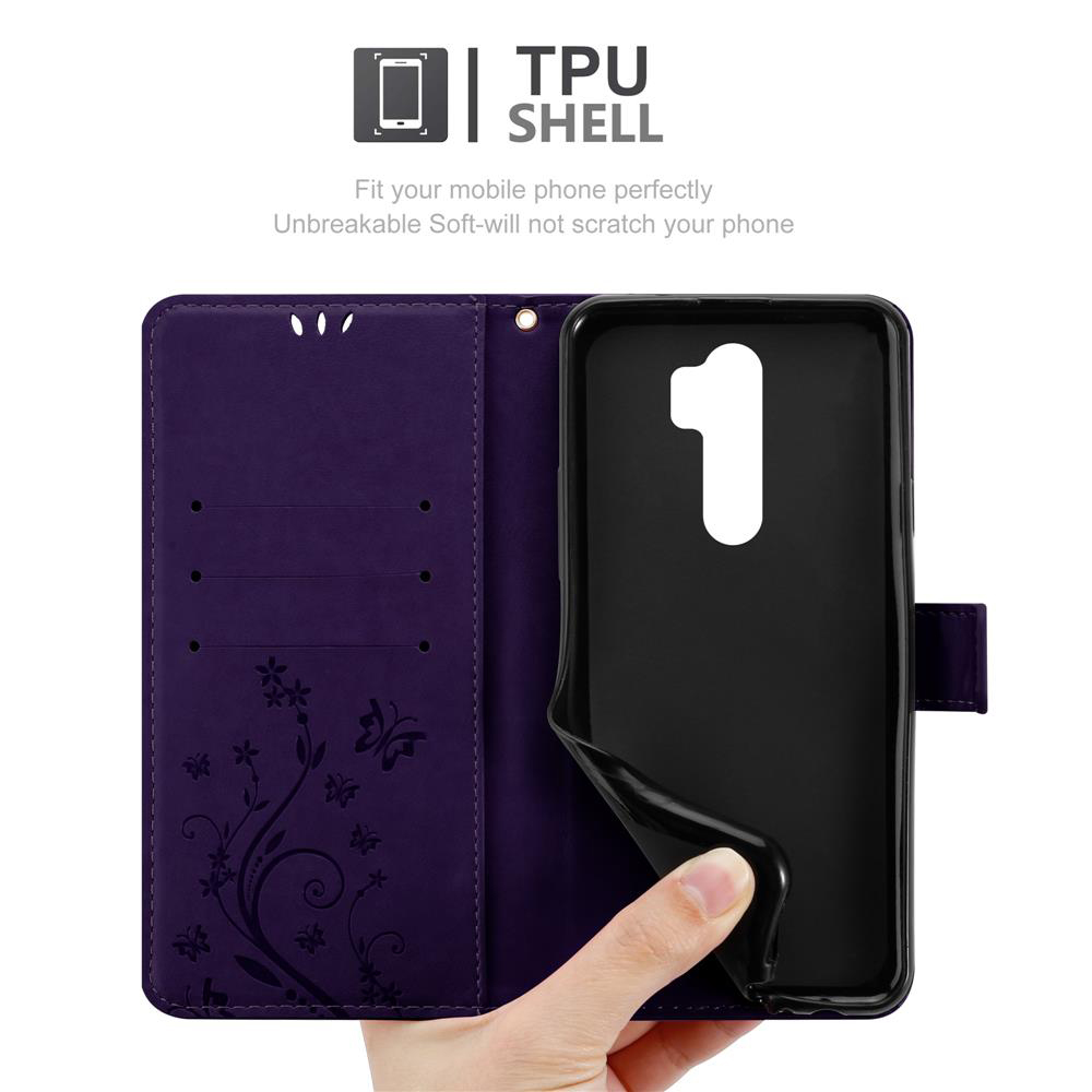 Custodia viola per telefono con design floreale e inserto nero.