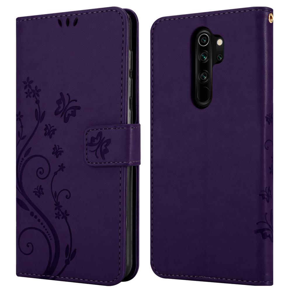 Custodia viola per telefono con motivo floreale e ritaglio fotocamera.