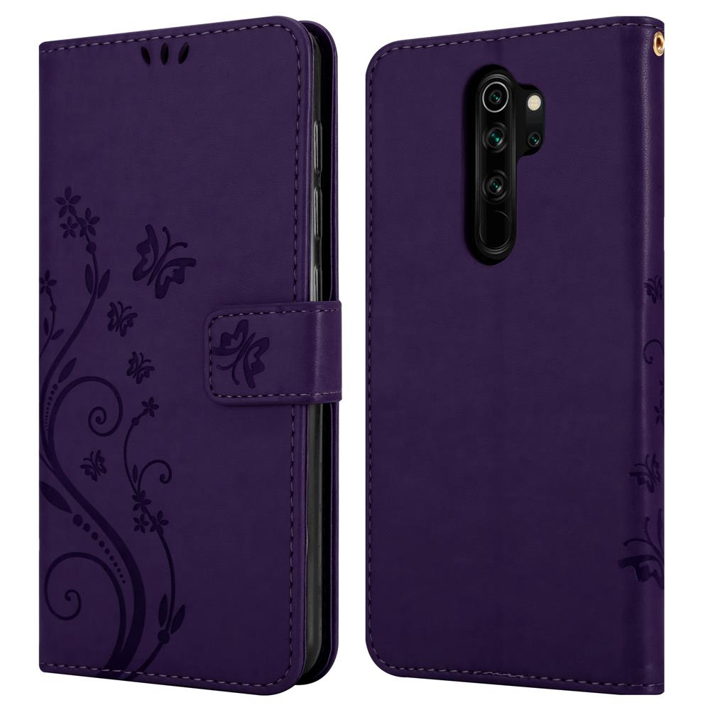 Custodia viola per telefono con motivo a farfalla e floreale. Vista chiusa.