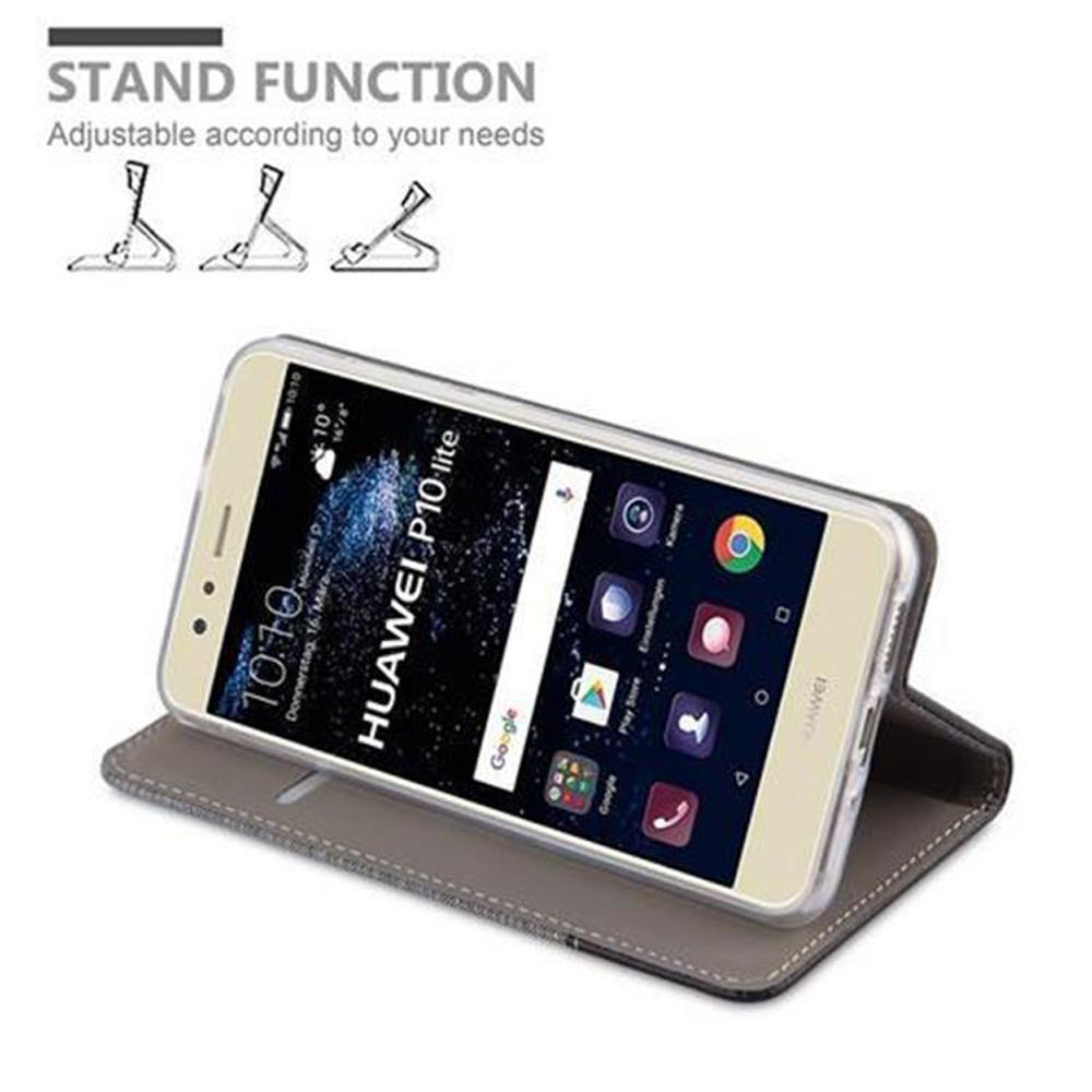 Huawei P10 Lite in custodia grigia con funzione stand.