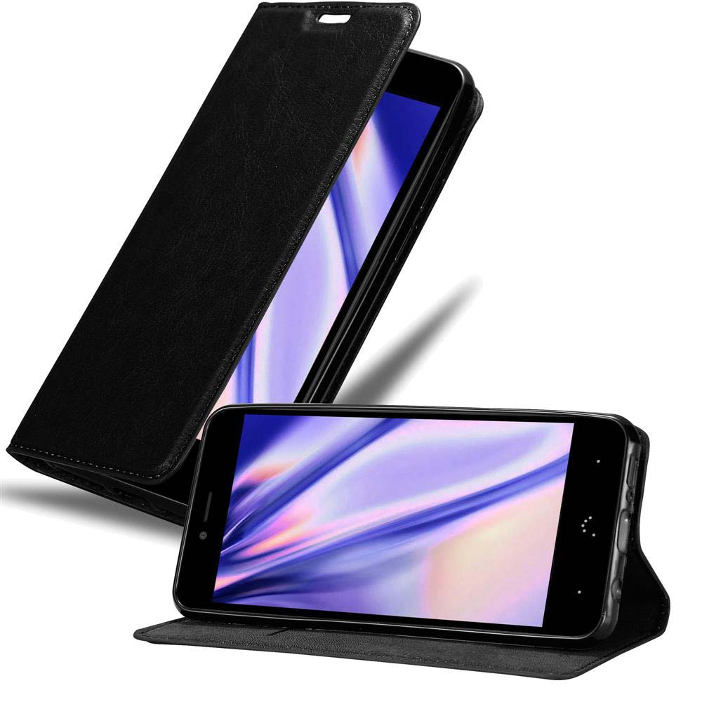 Una funda tipo libro de cuero negro con un smartphone que muestra un fondo colorido.