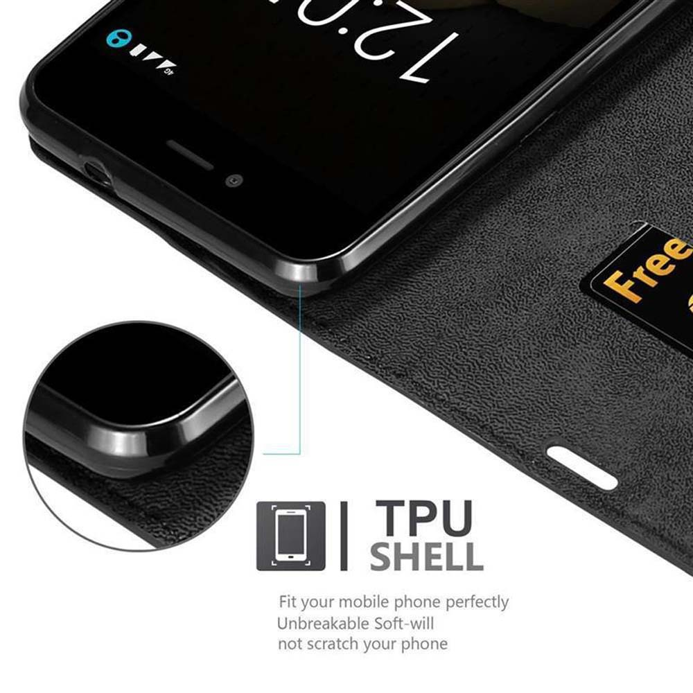 Teléfono negro con funda de TPU y texto. "Free" en tarjeta.