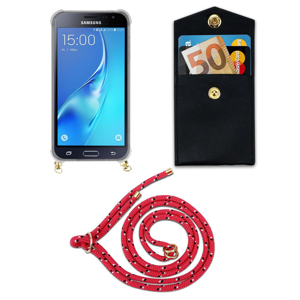 Smartphone in custodia trasparente, portafoglio nero con carte e contanti, cordino rosso.