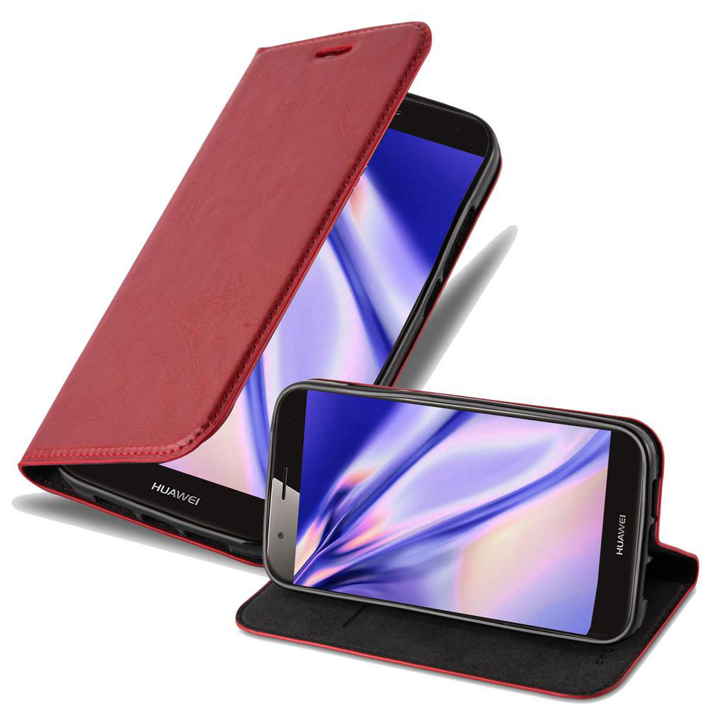 Dos fundas rojas para teléfono con teléfonos Huawei, una abierta, una cerrada.