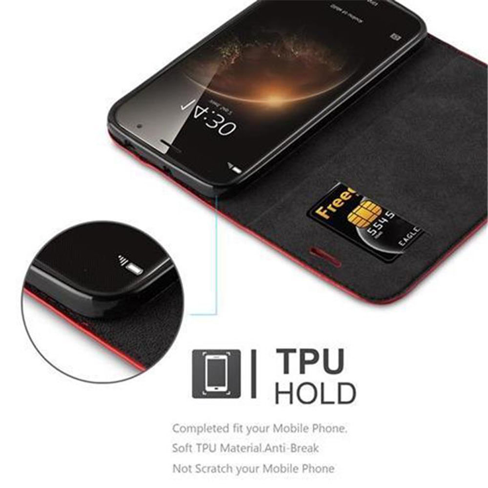 Teléfono negro con borde rojo en funda tipo cartera mostrando ranura para tarjeta SIM.