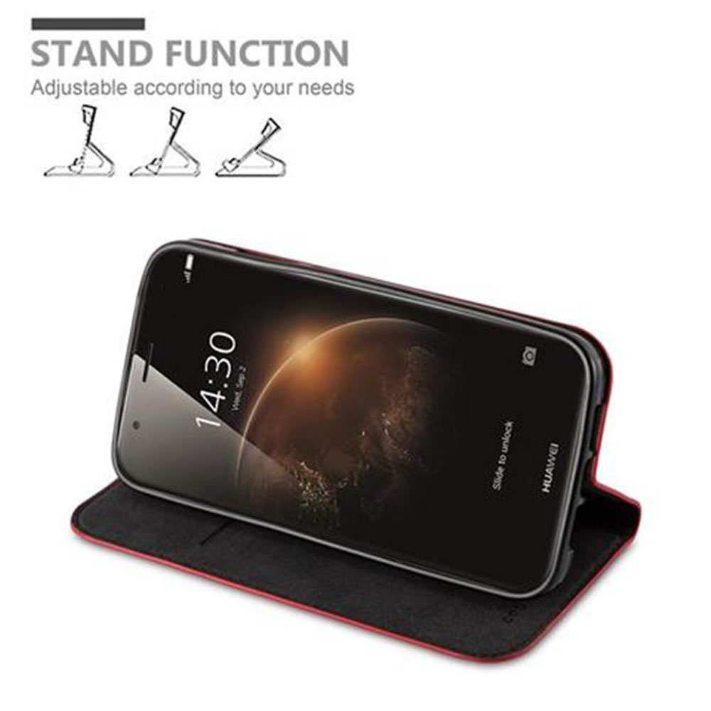 Una funda roja tipo libro con función de soporte para un teléfono Huawei.
